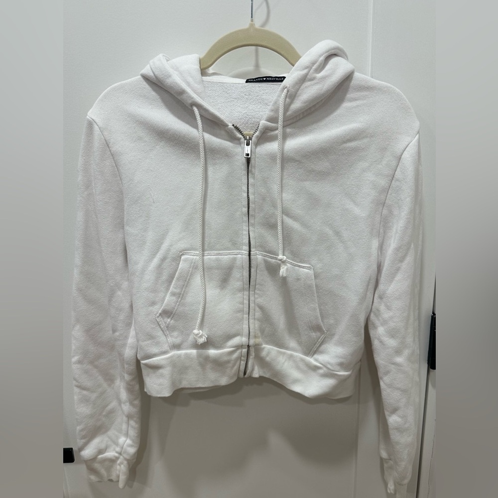 Brandy Melville White Cropped Zip-Up Hoodie